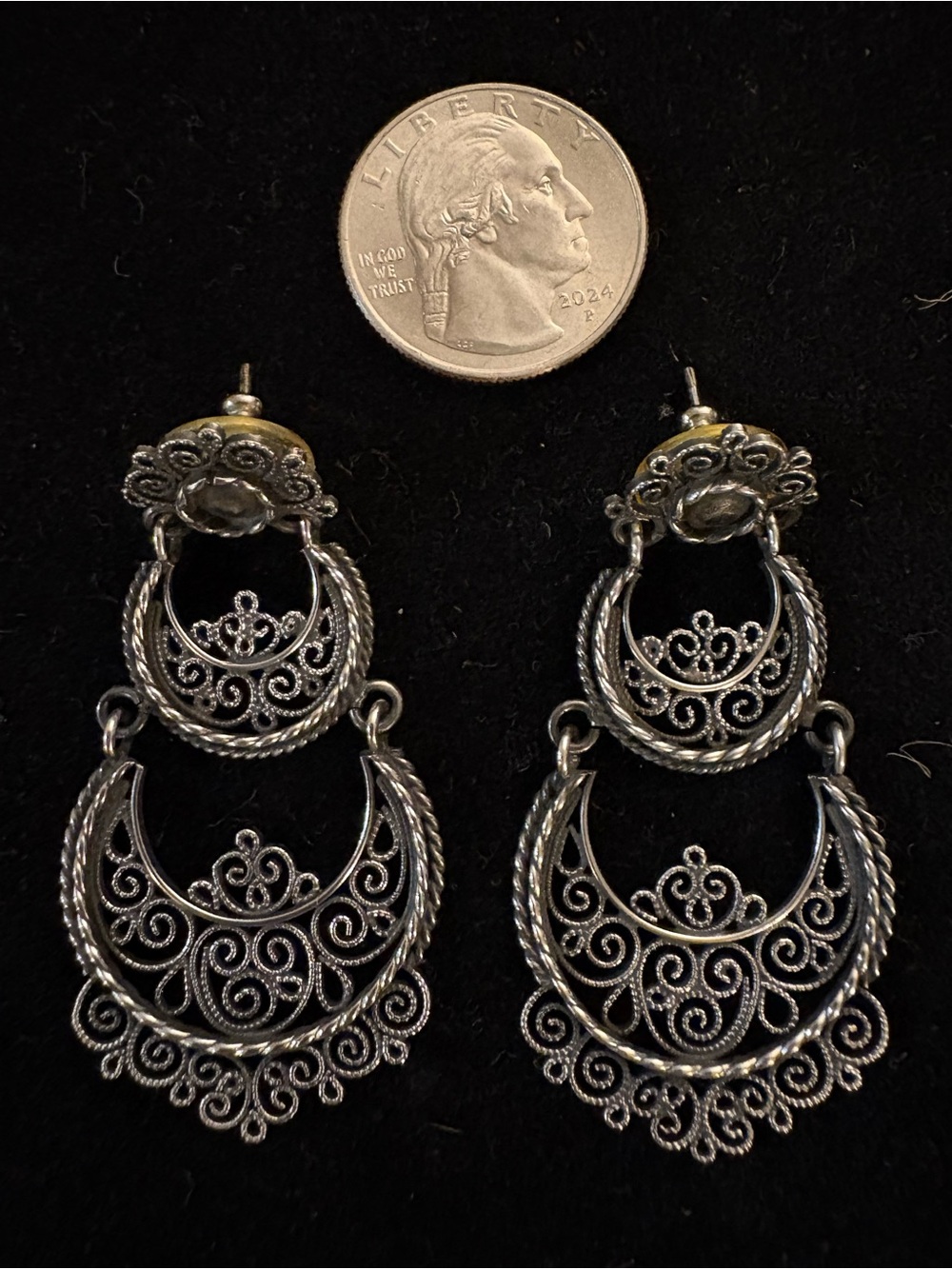 Boho Chic Silver Tone Filigree Rustic Double Drop Chandelier Statement Earrings - Picture 3 of 6